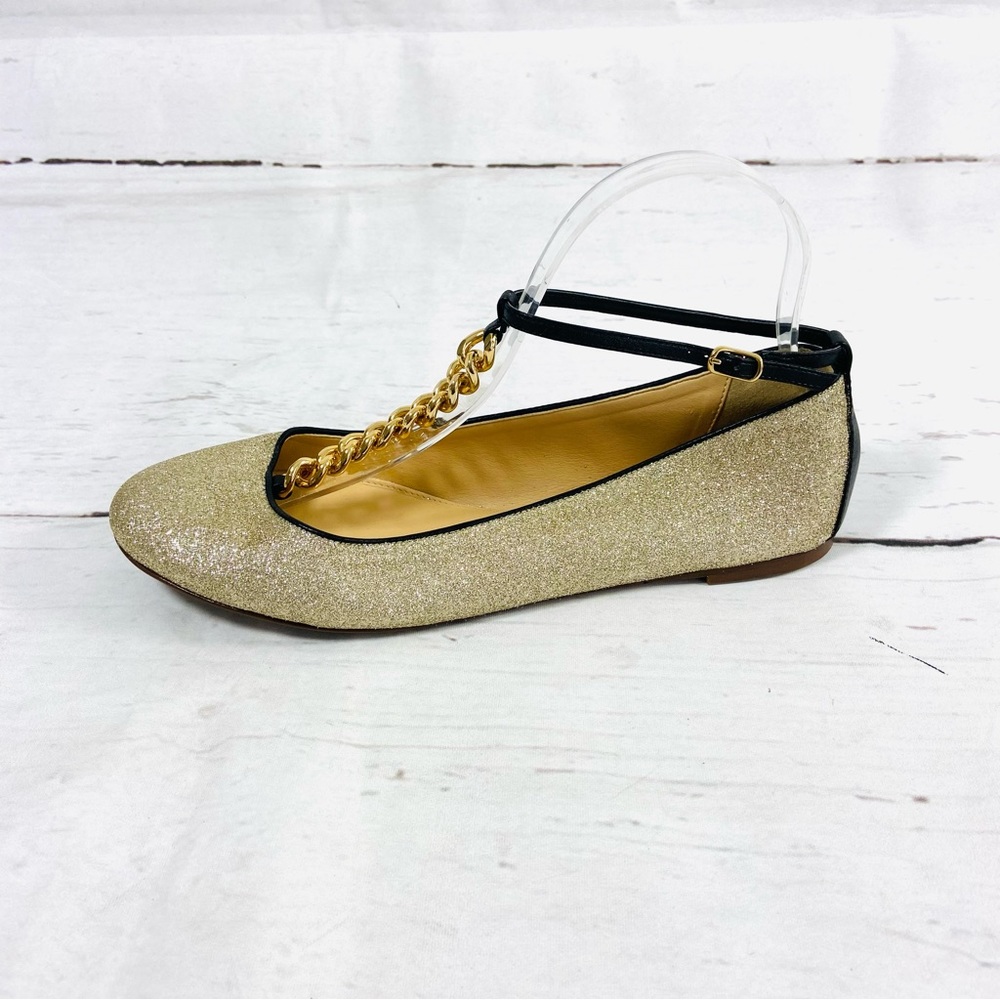 J Crew Jayne Shoes Women’s 8 Gold Leather Ballet Flats T-Strap‎ Chain Glitter